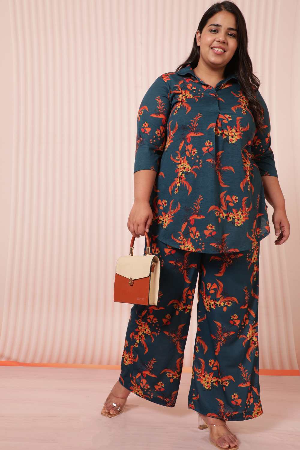 Buy Plus Size Teal Red Floral Print Coord Set