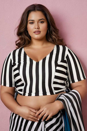 Plus Size Black White Striped Readymade Blouse