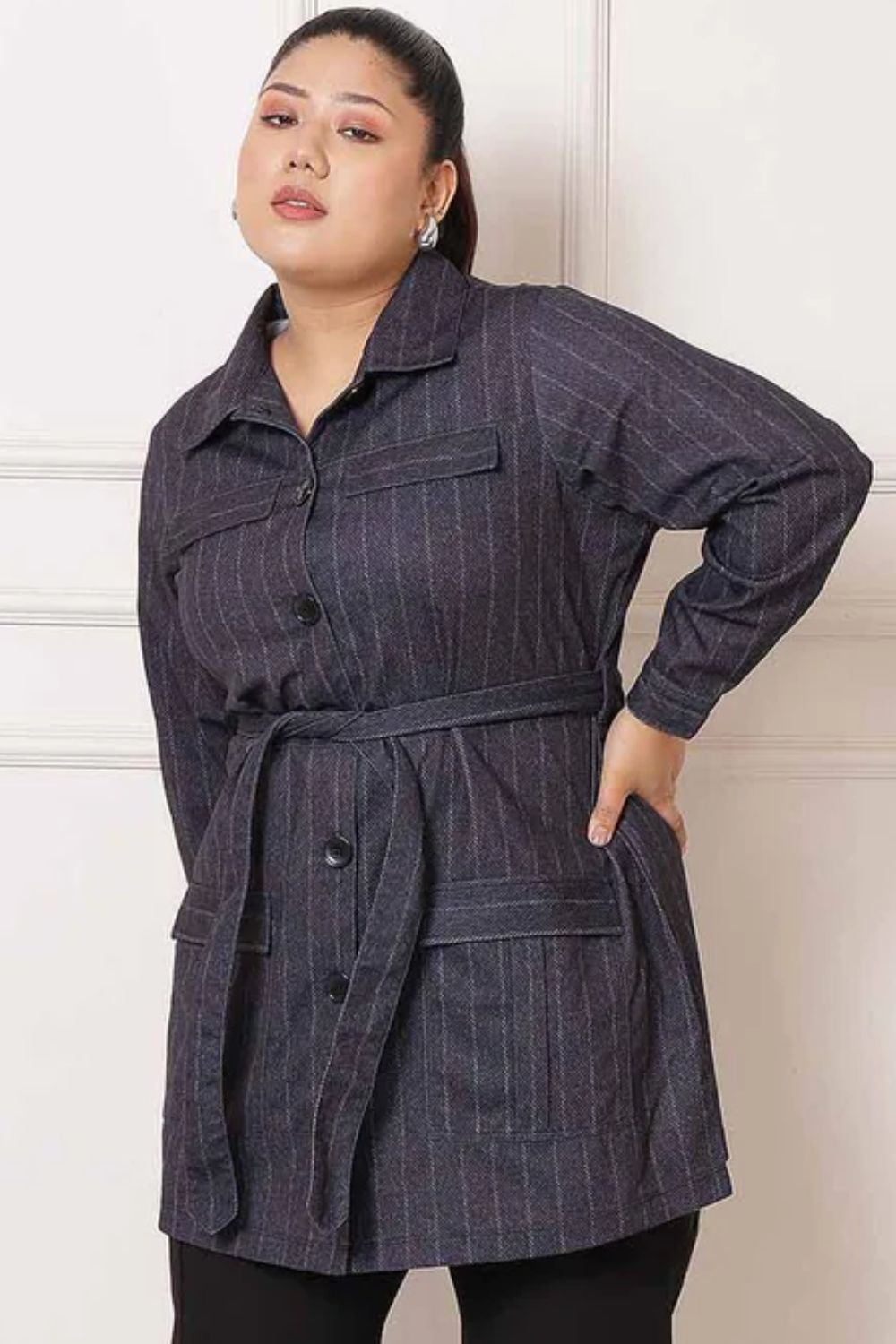 Plus Size Black White Pinstripe Shacket