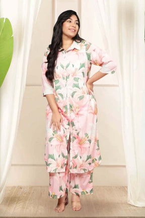 Plus Size Light Pink Floral Printed Coord Set