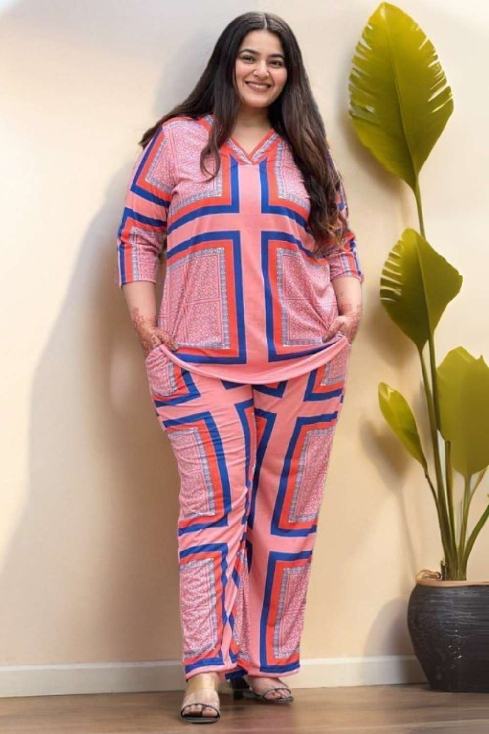 Plus Size Pink Blue Geometric Coord Set