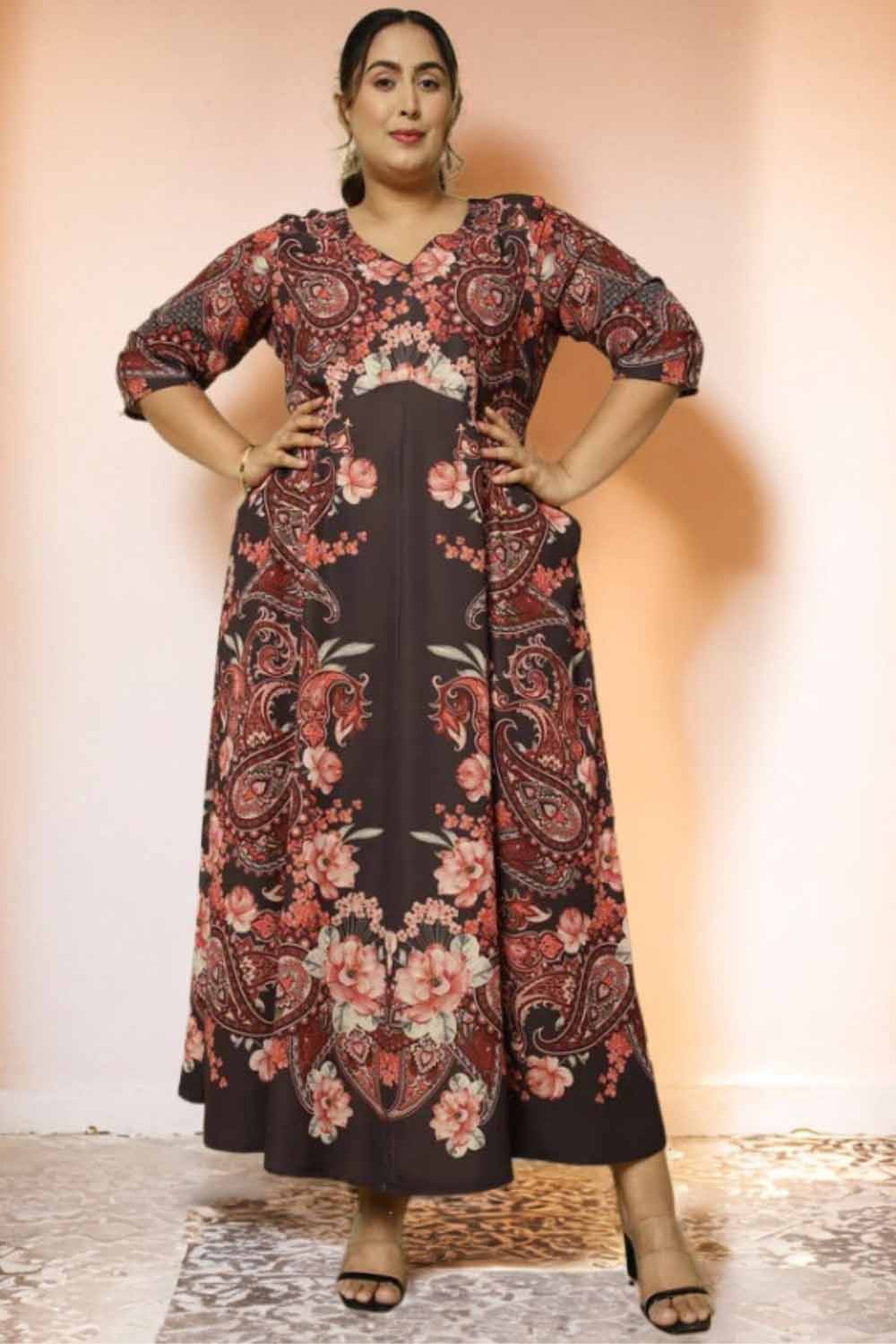 Plus Size Black Printed Anarkali Dress