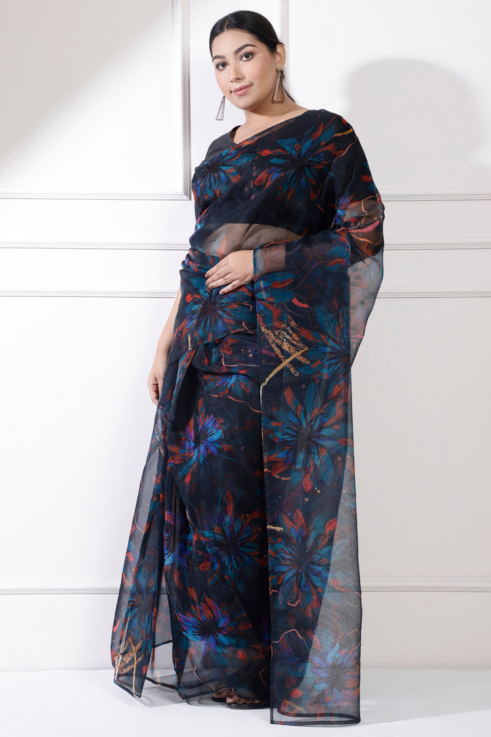 Plus Size Blue Floral Print Readymade Organza Saree for Women