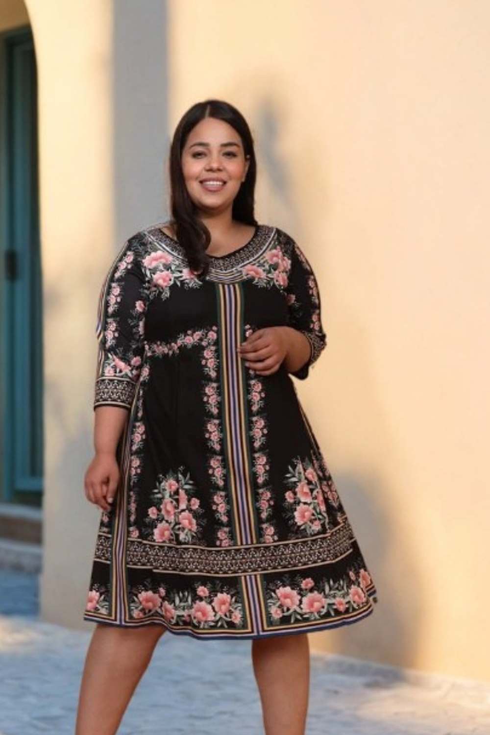 Plus Size Black Floral Printed A Line Dress