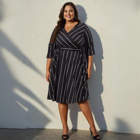 Black White Stripe True Wrap Midi Dress