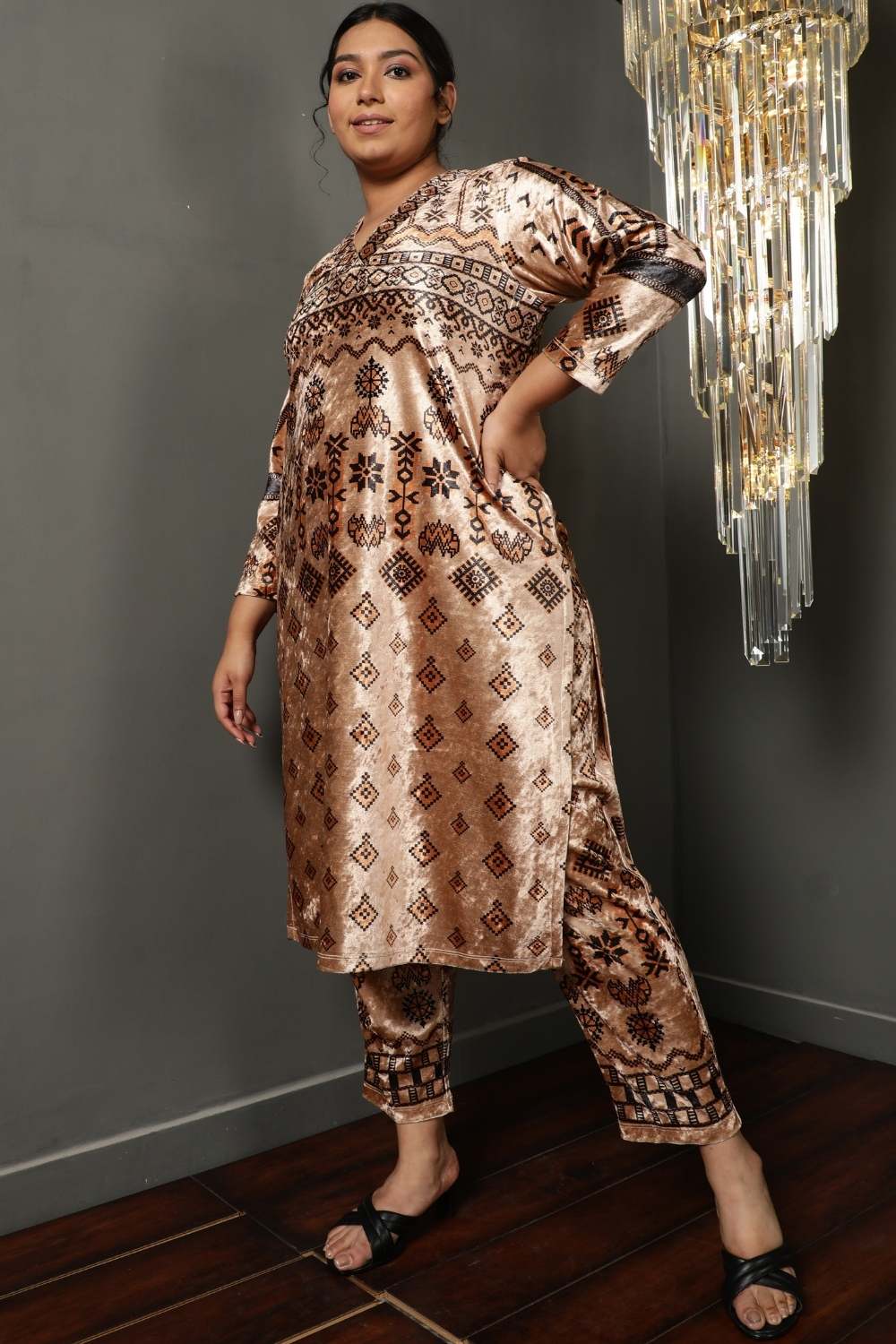 Plus Size Plus Size Beige Printed Velvet Coord Set