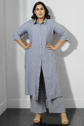 Plus Size Yale Blue Cotton Kurta Set