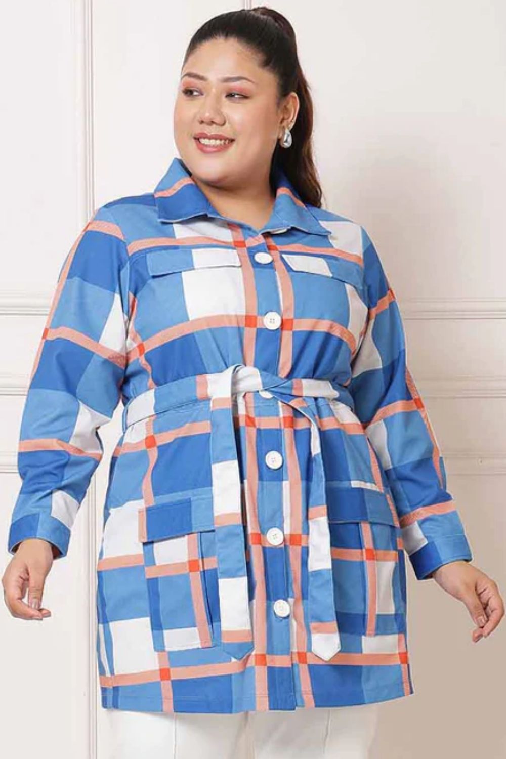 Plus Size Blue Checkered Shacket