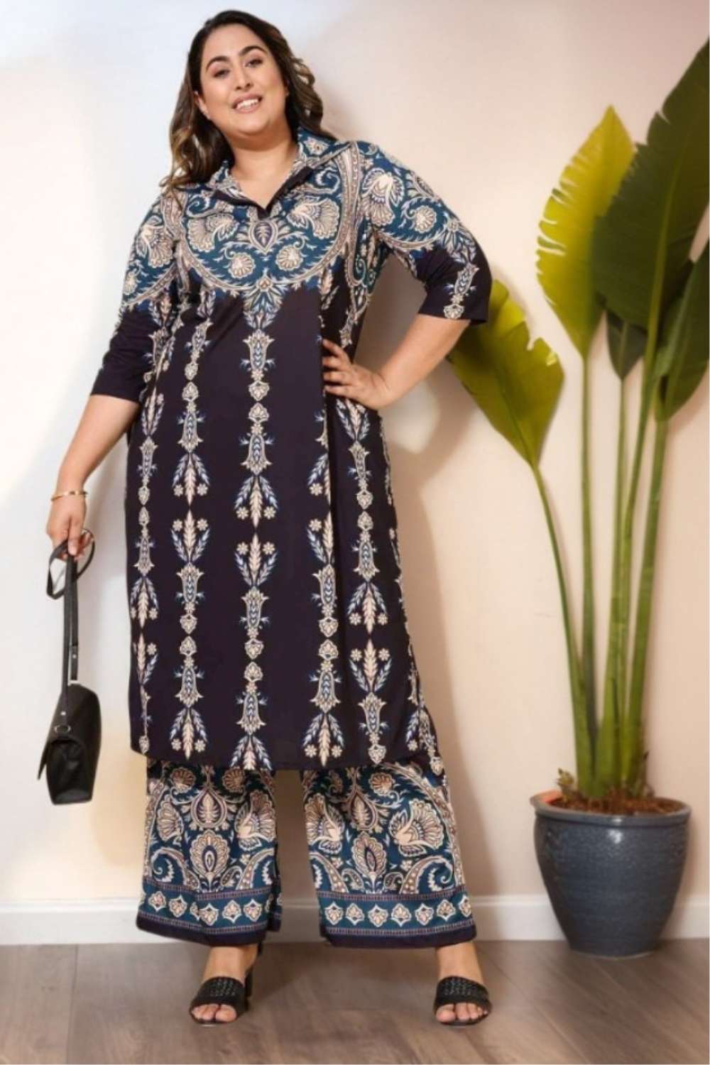 Plus Size Black Ethnic Print Co-ord Set