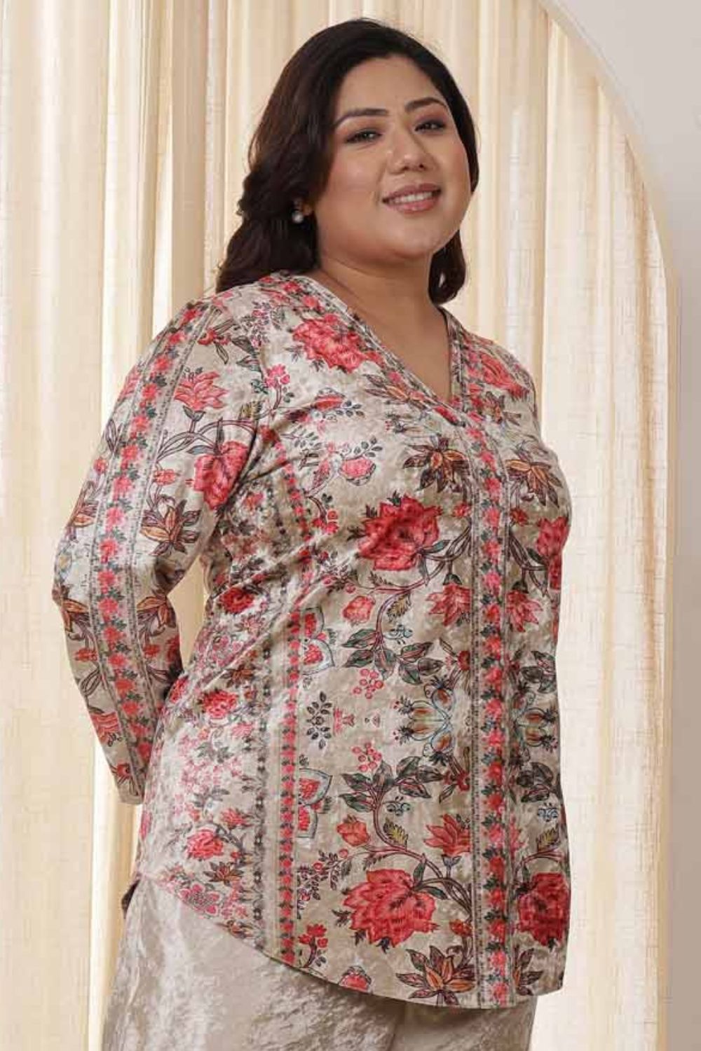 Plus Size Pink Ethnic Floral Velvet Top for Women