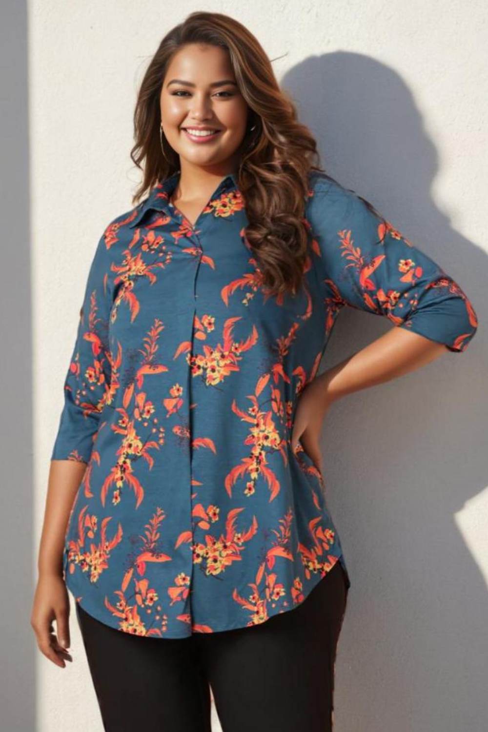 Teal Red Floral Centre Pleat Top