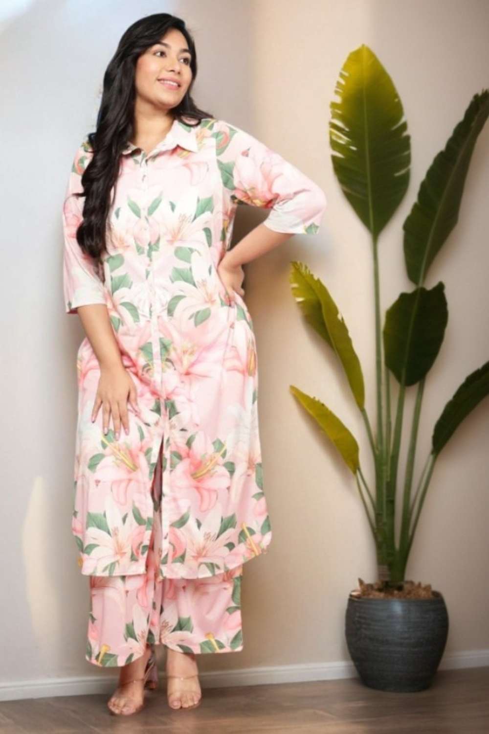 Plus Size Light Pink Floral Printed Coord Set