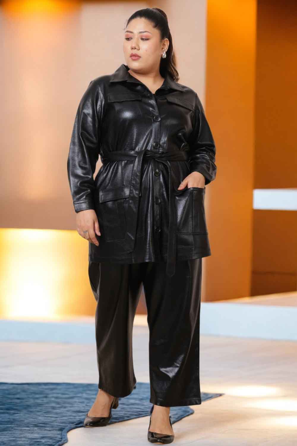 Plus Size Cruelty Free Black Leather Coord Set for Women