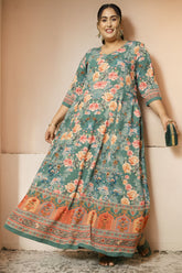 Plus Size Blue Pink Floral Anarkali Dress