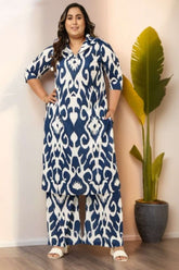 Plus Size Blue White Printed Coord Set