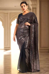 Plus Size Black Sequence Readymade Party Saree