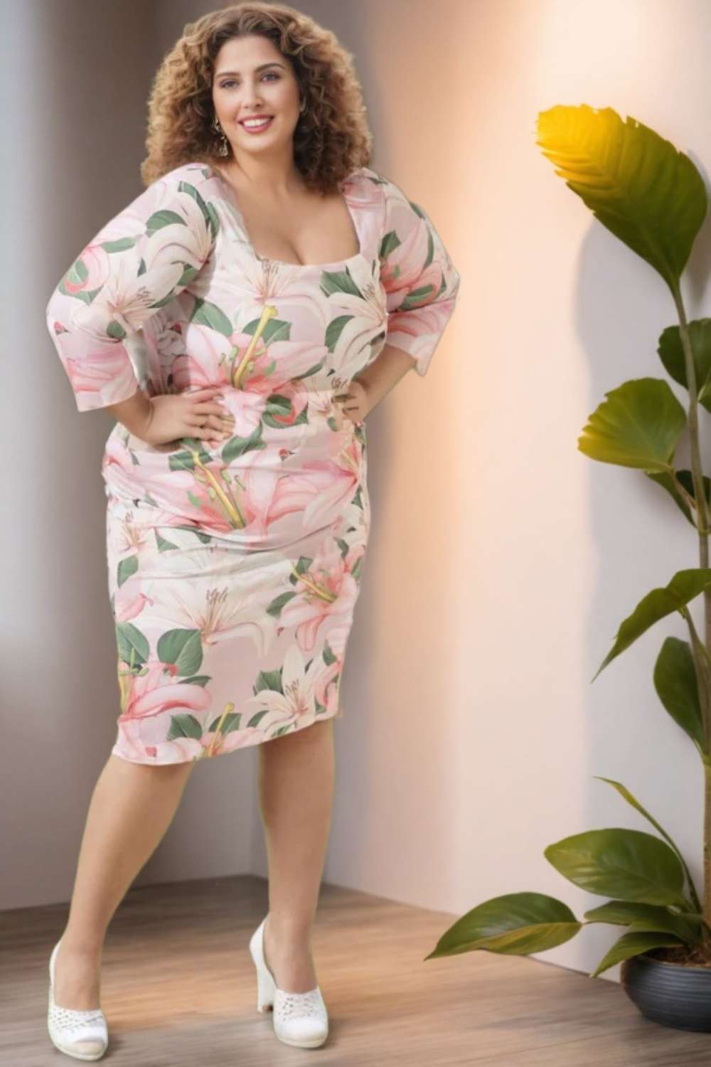 Plus Size Pink Florals Bodycon Dress