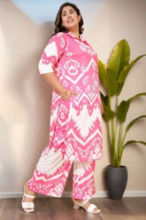 Plus Size Pink White Printed Co-ord Set