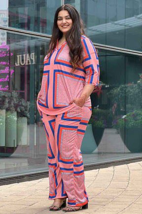 Plus Size Pink Blue Geometric Coord Set