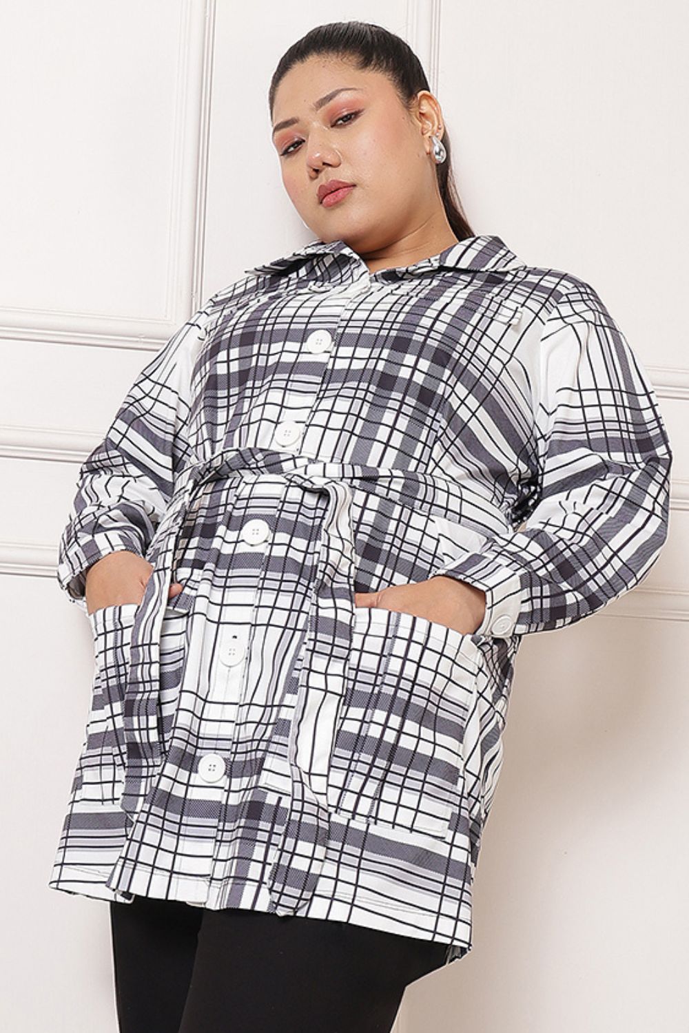 Plus Size White Black Check Shacket