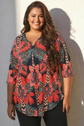 Plus Size Black Tropical Print Centre Pleat Top