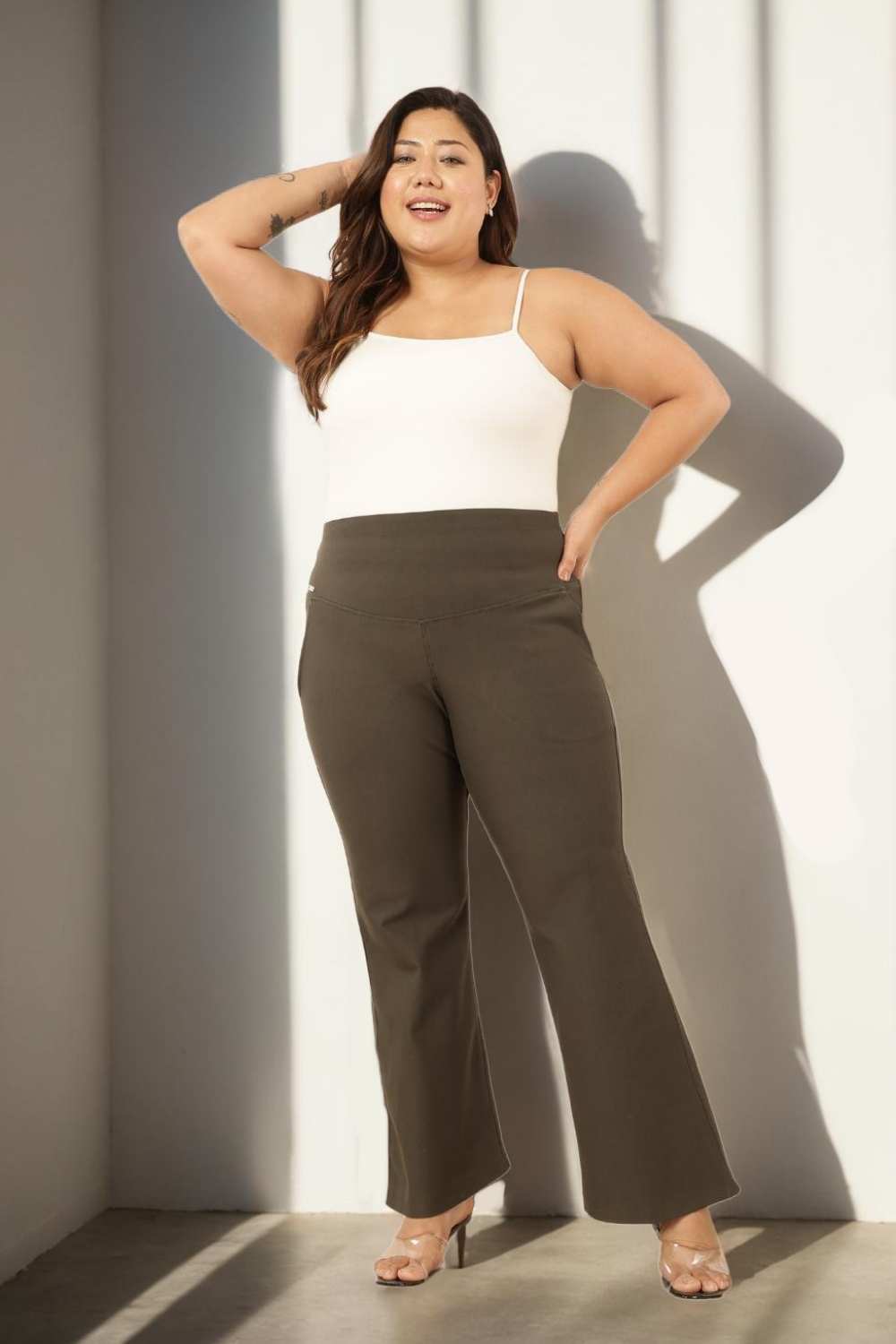 Buy Plus Size Olive Tummy Shaper Flare Pants