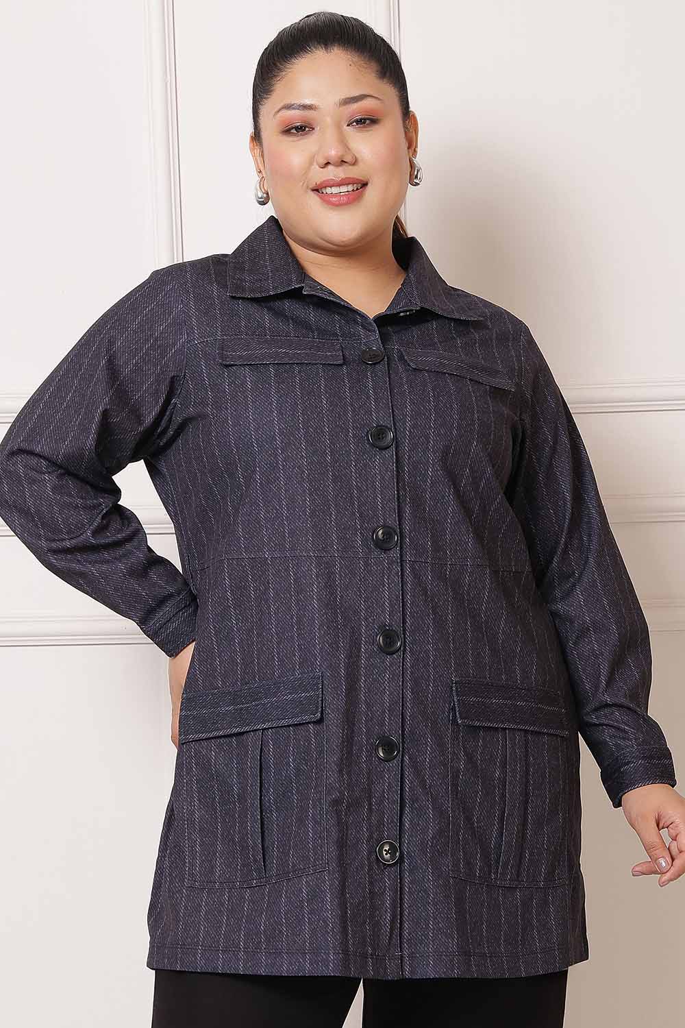 Plus Size Black White Pinstripe Shacket