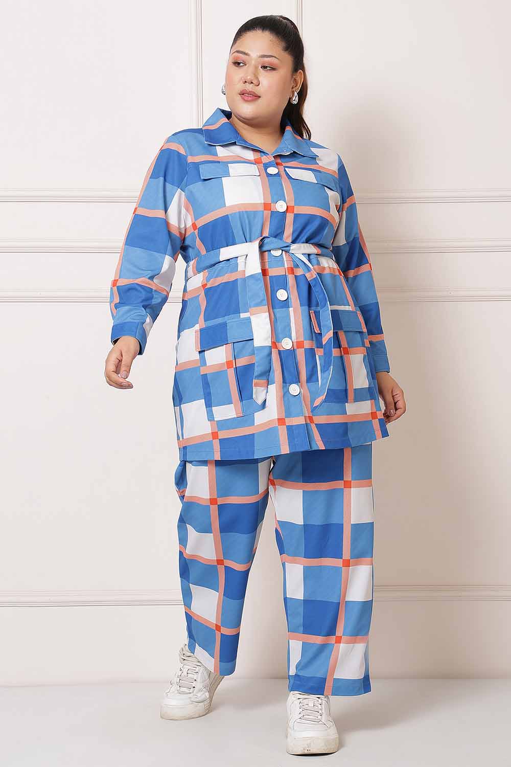 Plus Size Blue Checkered Coord Set