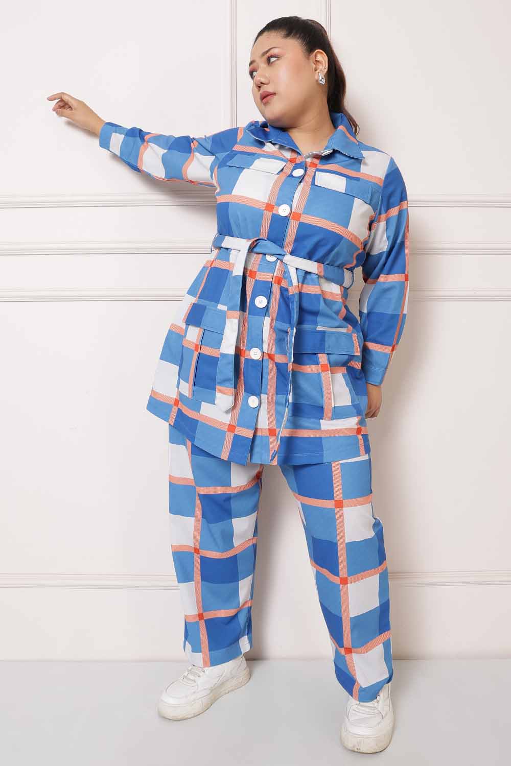 Plus Size Blue Checkered Coord Set