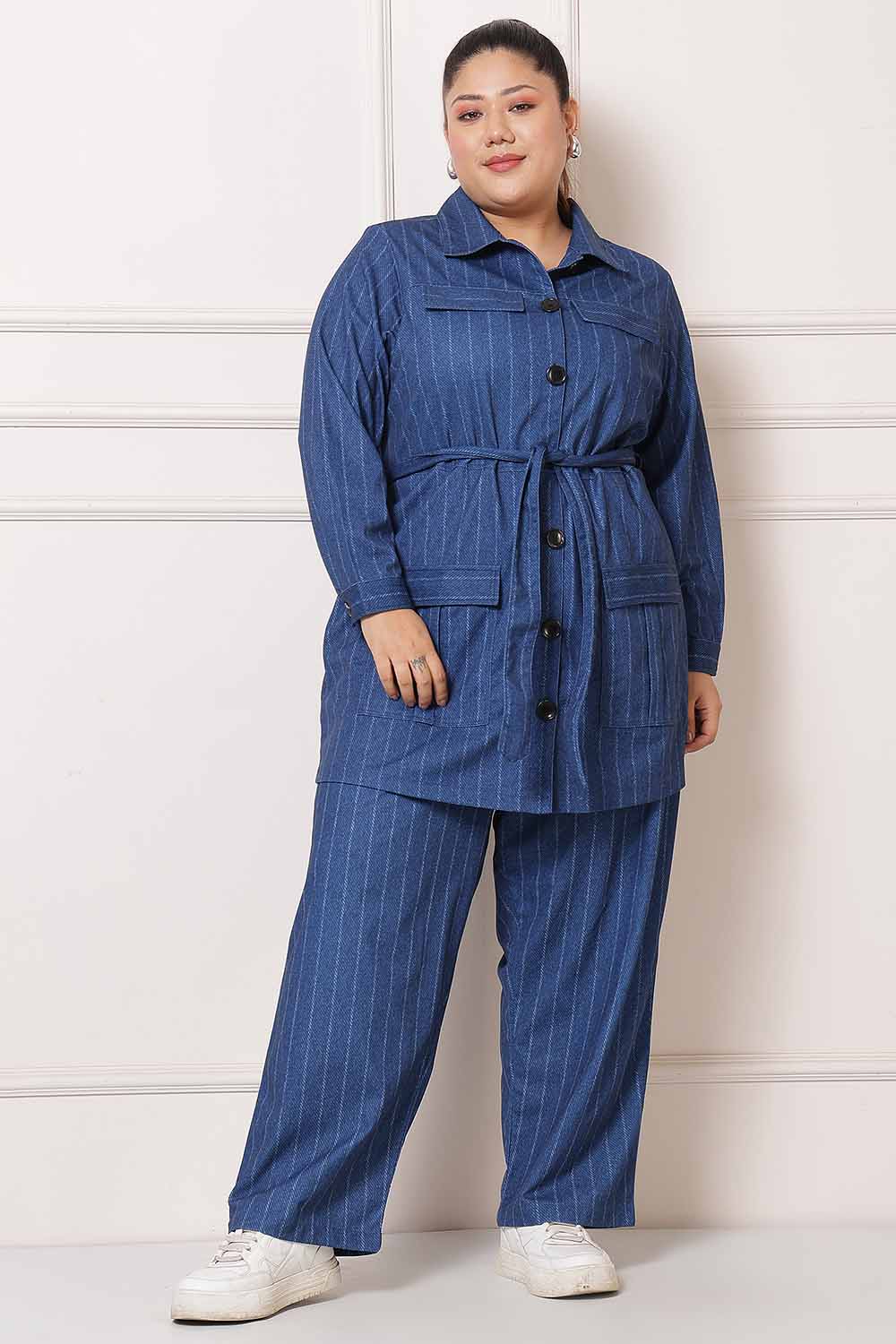 Plus Size Blue White Pinstripe Coord Set for Women