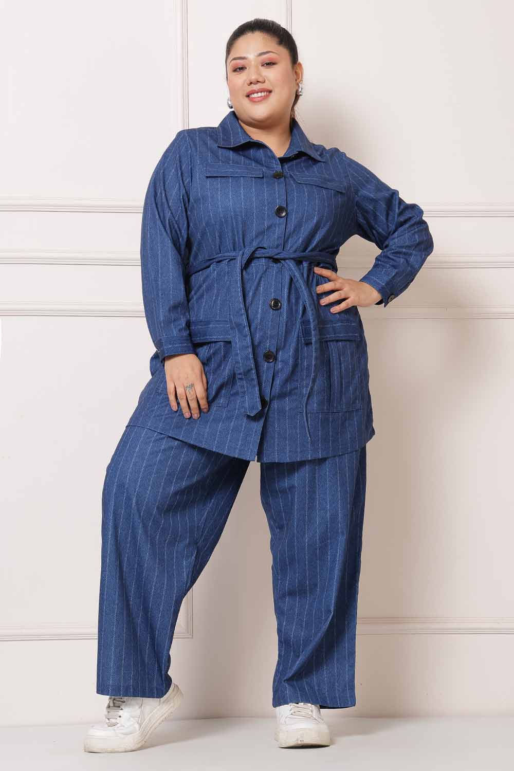 Buy Plus Size Blue White Pinstripe Coord Set