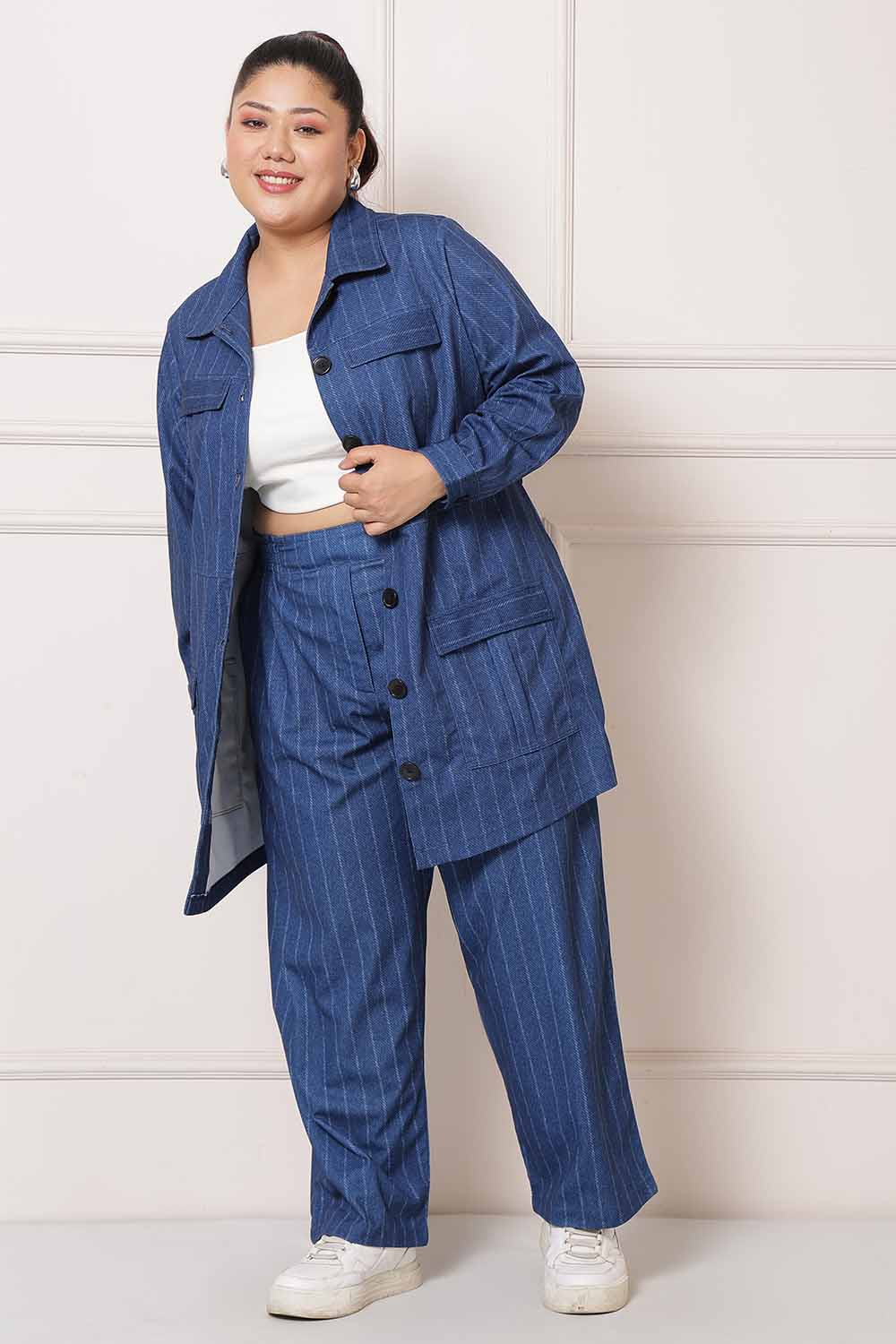 Plus Size Plus Size Blue White Pinstripe Coord Set