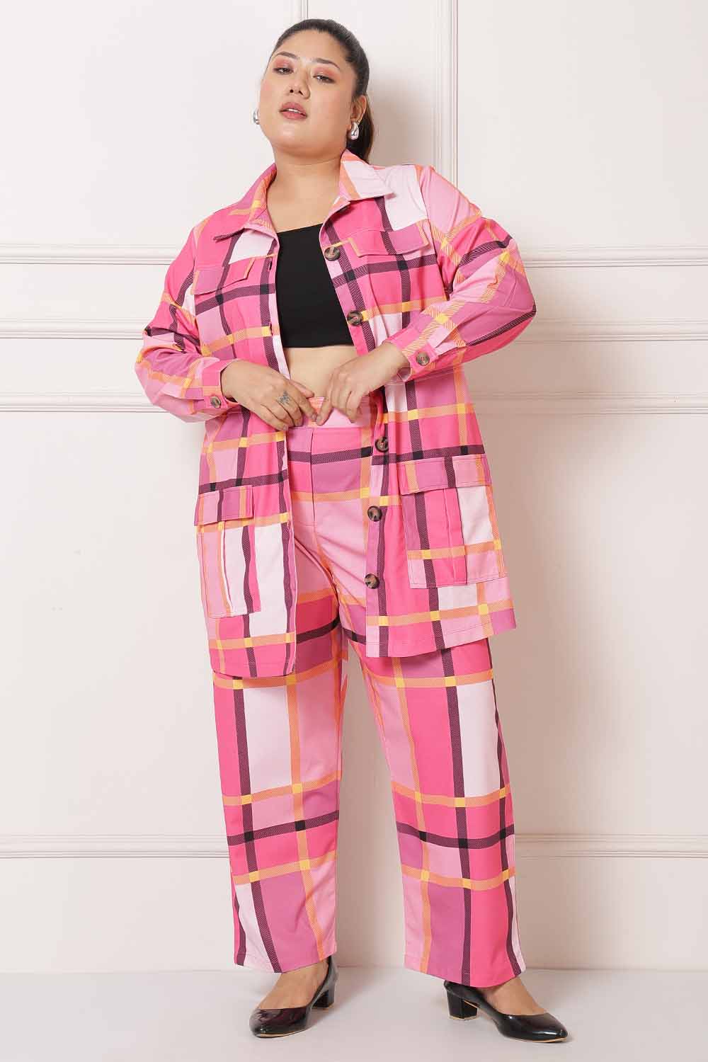 Plus Size Pink Checkered Coord Set for Women