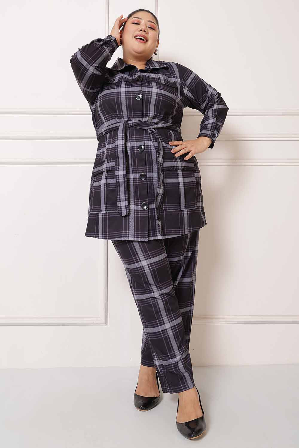 Plus Size Black White Checkered Coord Set for Women