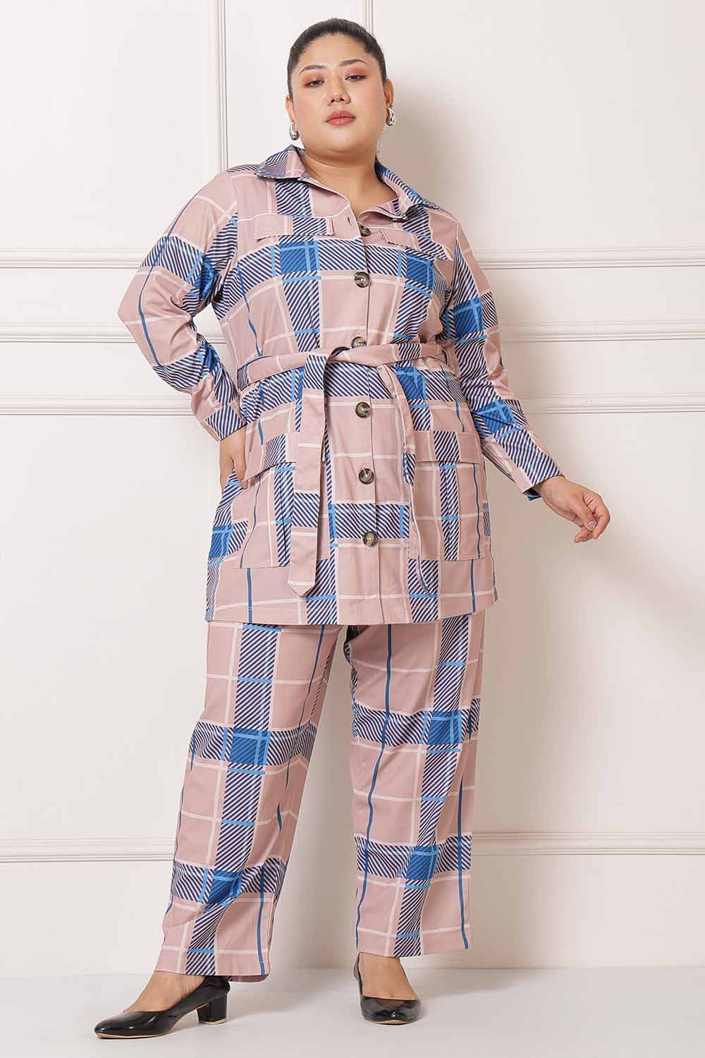 Plus Size Pink Blue Checkered Coord Set