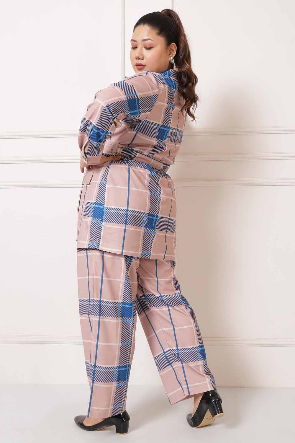 Plus Size Pink Blue Checkered Coord Set for Women