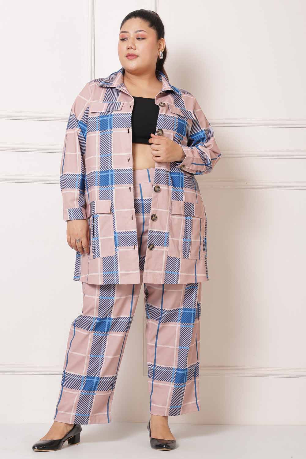 Plus Size Pink Blue Checkered Coord Set