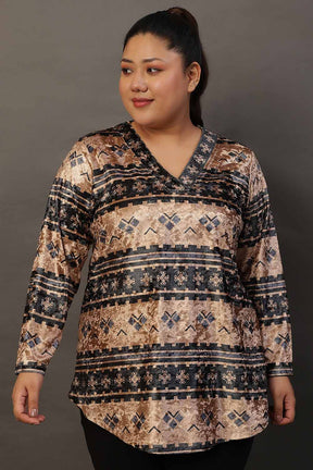 Plus Size Blue Beige Printed Velvet Top