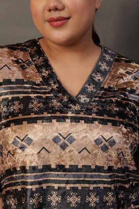 Plus Size Blue Beige Printed Velvet Top