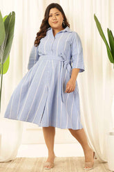 Plus Size Blue Striped Chambray Shirt Dress