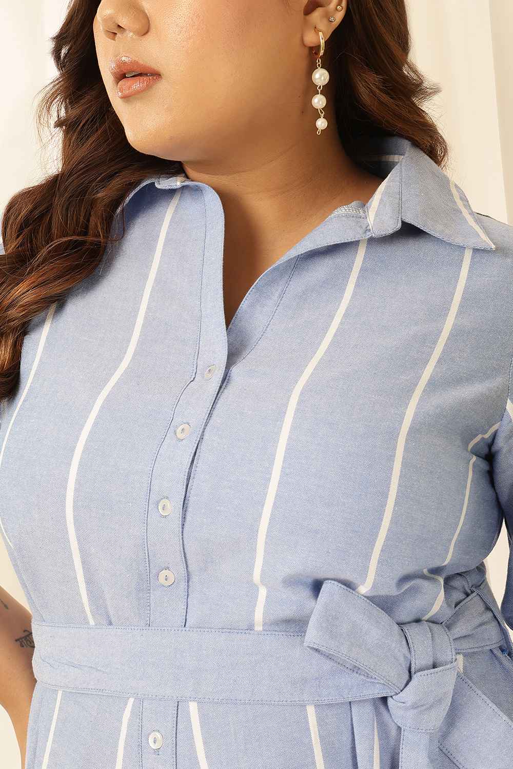 Comfortable Plus Size Blue Striped Chambray Shirt Dress