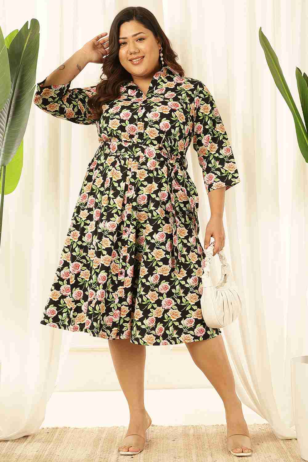 Plus Size Black Floral Shirt Dress