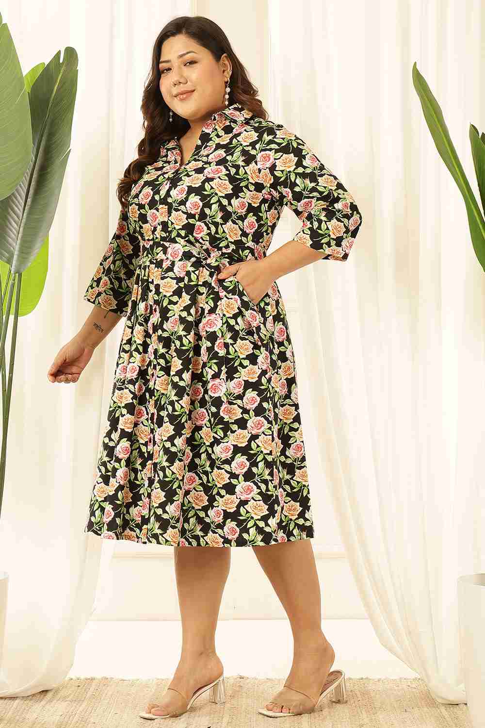 Plus Size Plus Size Black Floral Shirt Dress