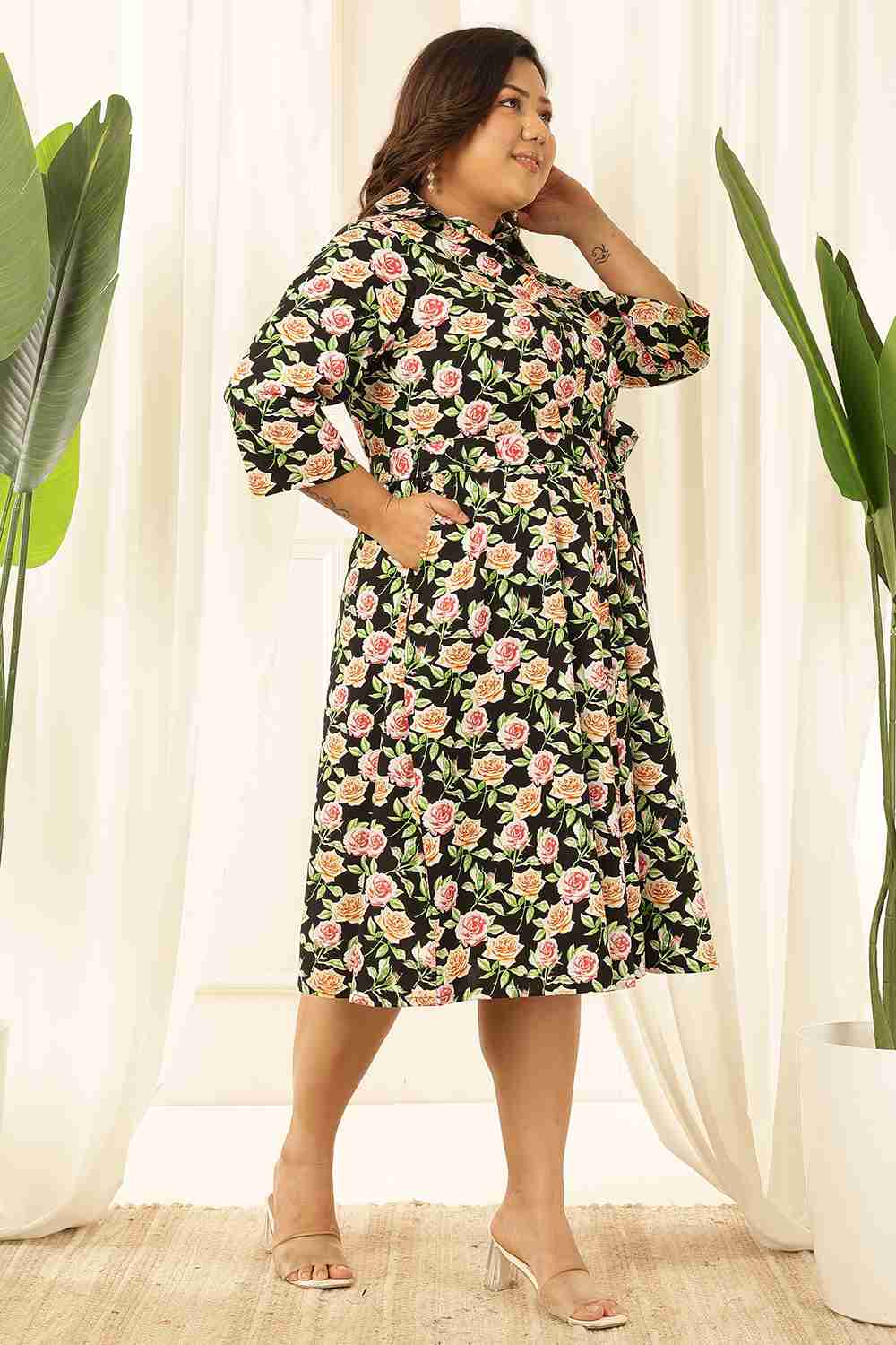 Plus Size Black Floral Shirt Dress for Women