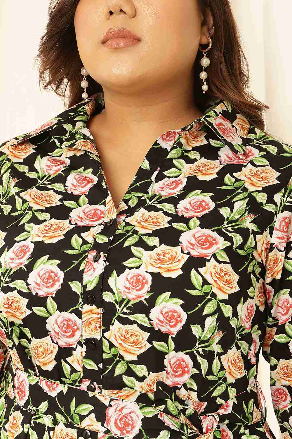 Comfortable Plus Size Black Floral Shirt Dress