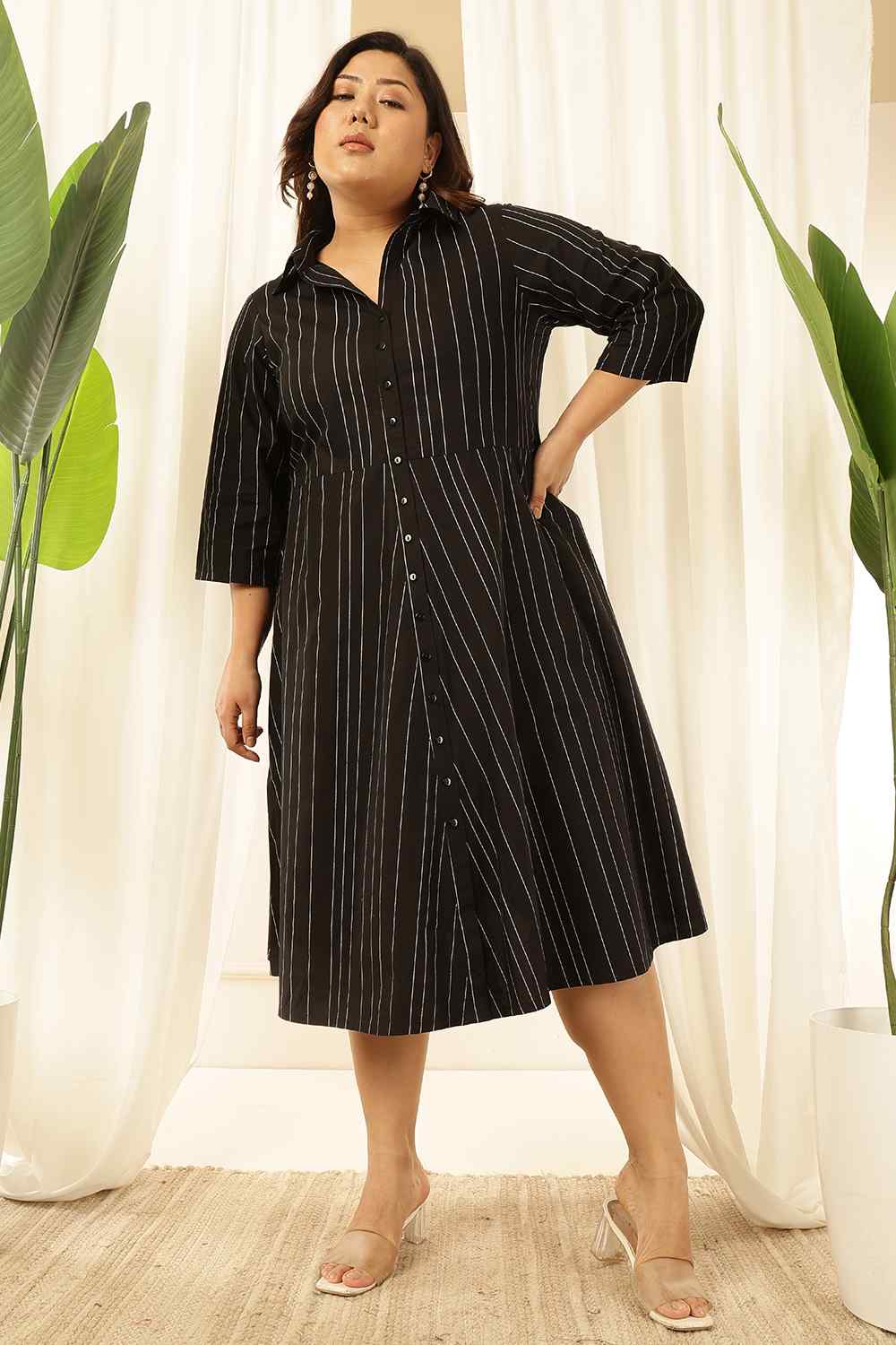 Plus Size Black Stripe Cotton Shirt Dress