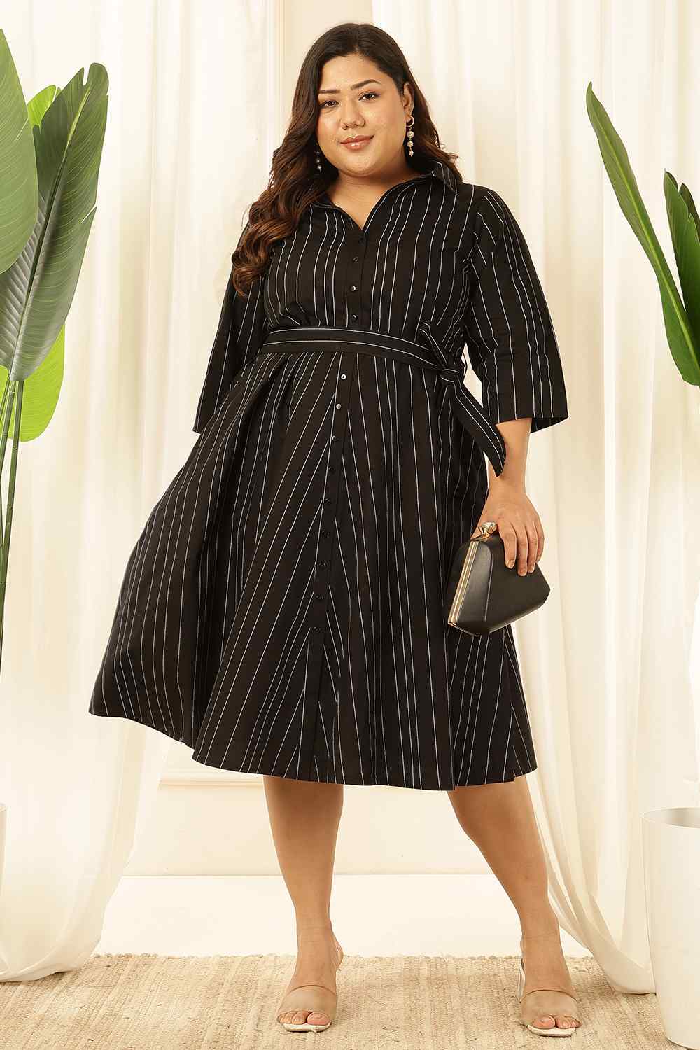 Plus Size Black Stripe Cotton Shirt Dress