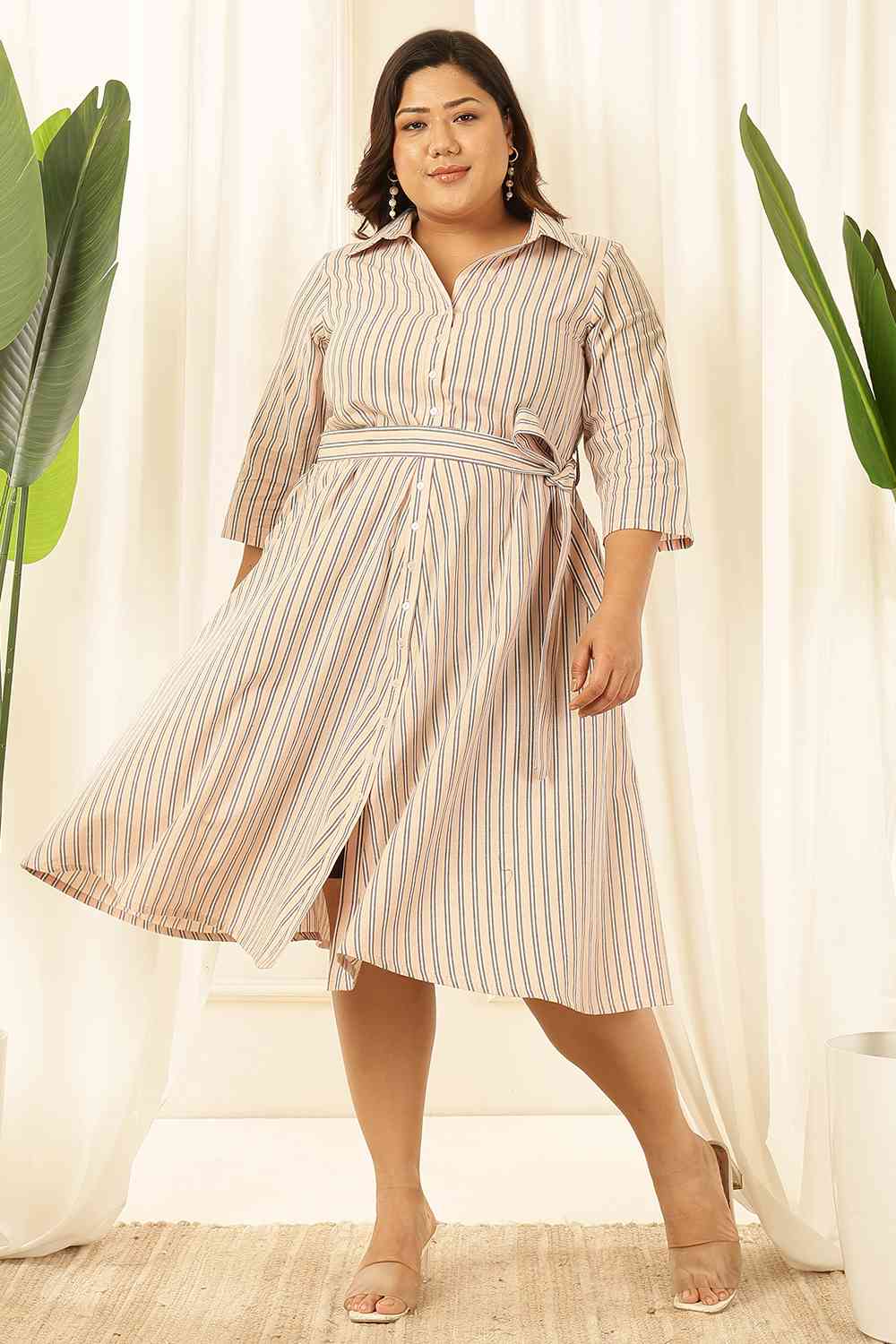 Plus Size Baby Pink Striped Cotton Shirt Dress