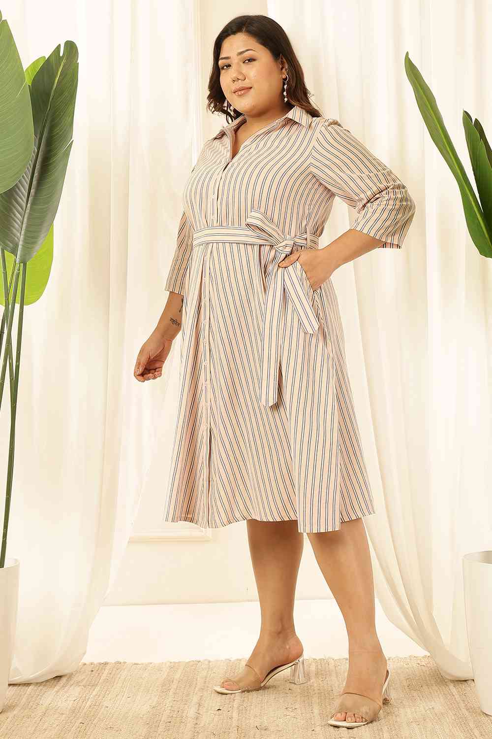 Plus Size Plus Size Baby Pink Striped Cotton Shirt Dress