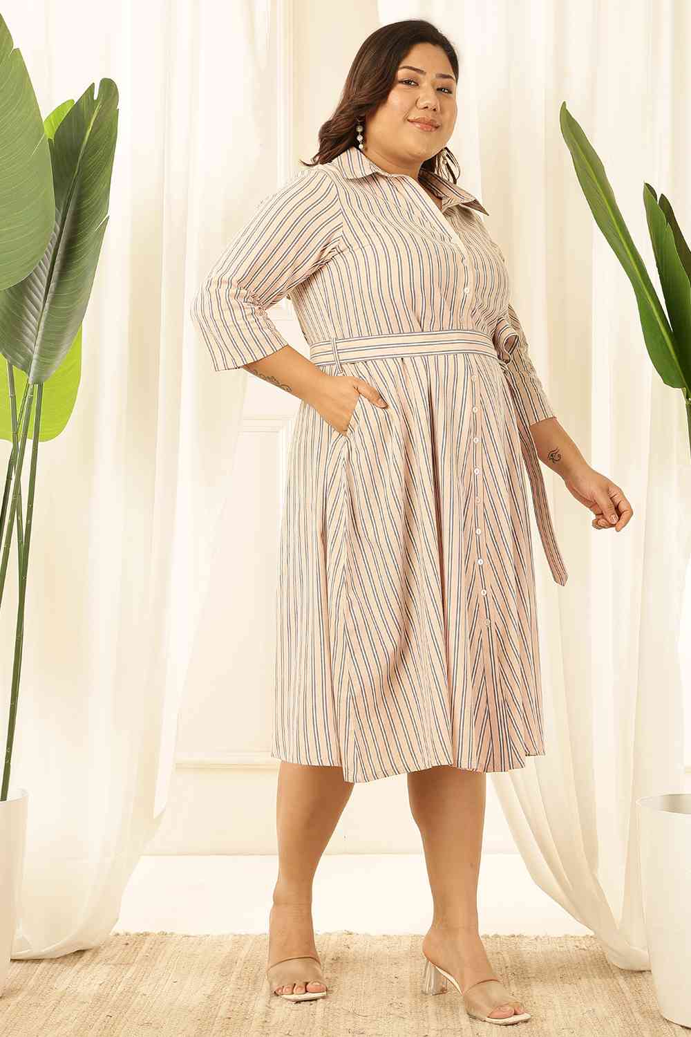 Plus Size Baby Pink Striped Cotton Shirt Dress for Women